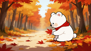 Five-panel AI image series of a white bear in colorful autumn scenes